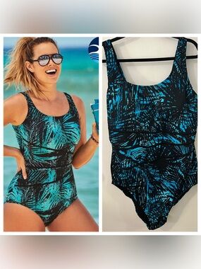 Swimsuits For All Women's One Piece Swimsuit Plus 26 Black/Turquoise Modest NEW